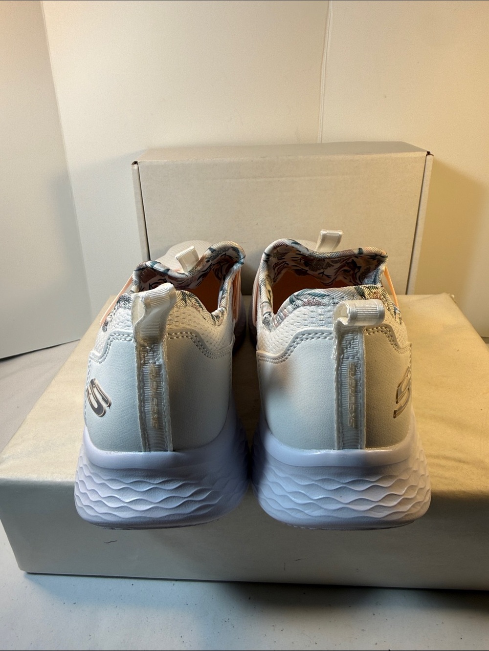 Skechers White Knit Slip-On Sneakers with Peach Accents - Picture 2 of 6